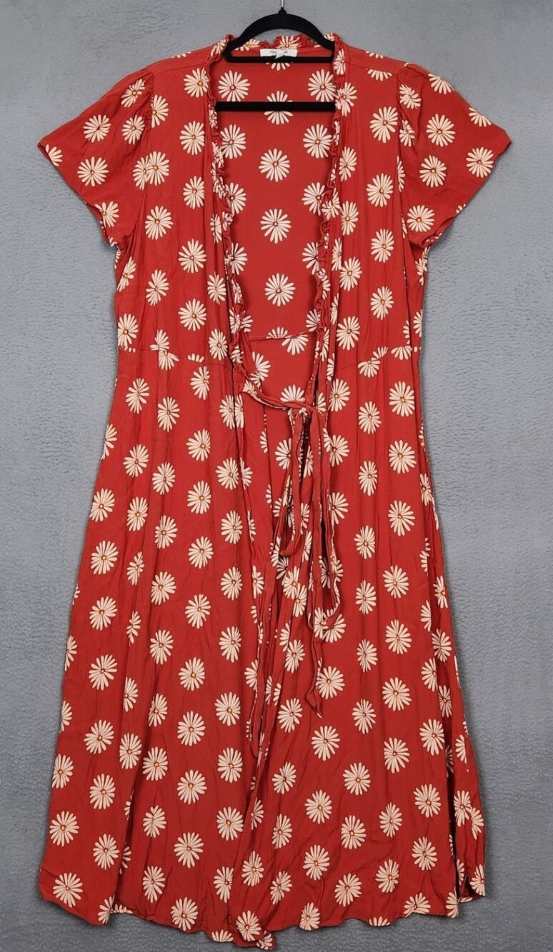 Madewell Ruffle-Edge Wrap Midi Dress Womens XL Red Daisy Floral Midi Viscose